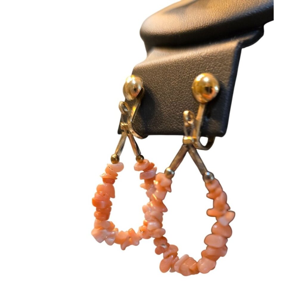 Vintage Coral‎ Chip Hoop Clip-On Earrings With Gold-Tone Metal